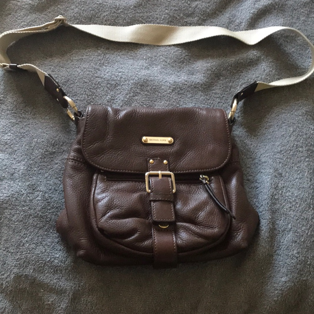 Michael Kors brown soft leather shoulder purse with canvas strap